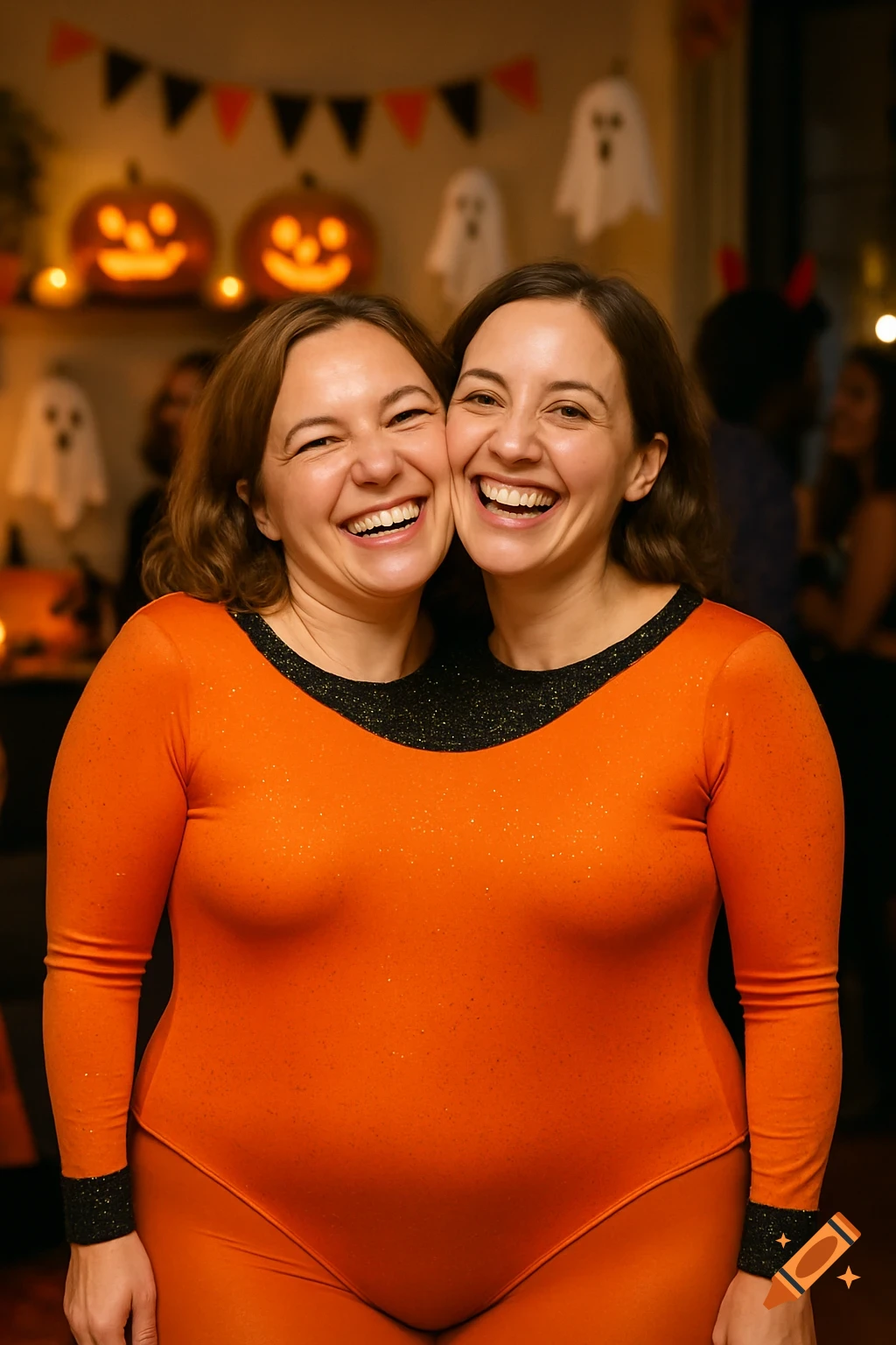 Two smiling women in an orange leotard create a two-headed illusion at a Halloween party with jack-o'-lanterns and ghosts.