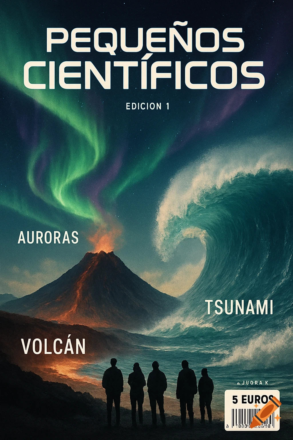 A magazine cover titled 'Pequeños Científicos' showing a volcanic eruption, a large tsunami wave, and aurora borealis under a starry sky. Five silhouetted figures watch the scene from a rocky foreground. Text labels include 'AURORAS', 'TSUNAMI', 'VOLCÁN', 'EDICION 1', and '5 EUROS'.