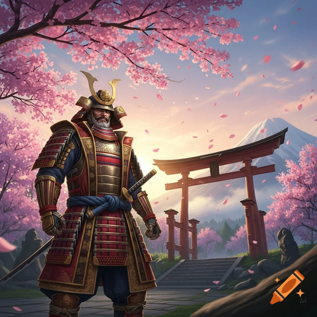 A samurai in red and gold armor stands beneath pink cherry blossoms, with a red torii gate and Mount Fuji in the background. Digital art style.