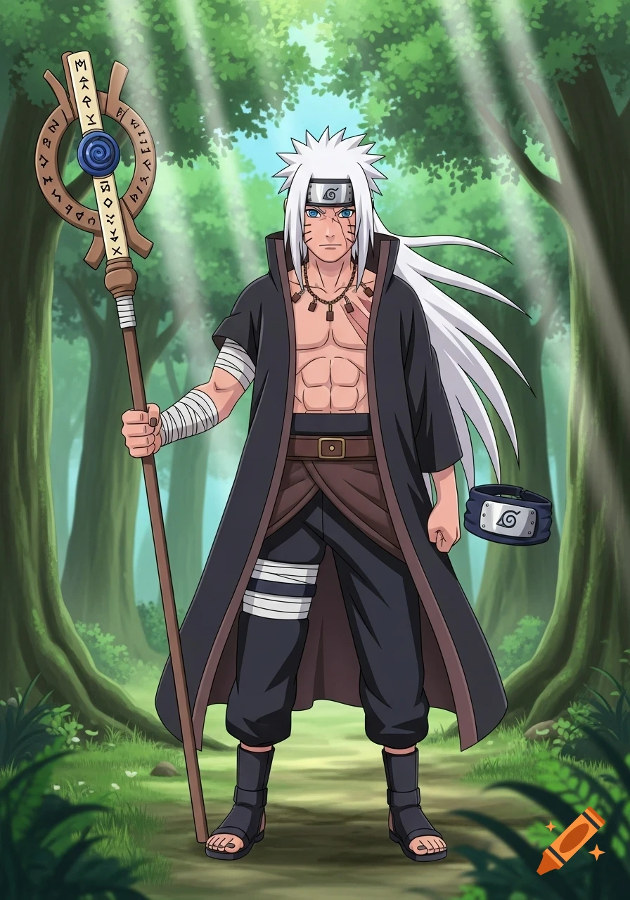 An anime character in a forest, with white spiky hair, blue eyes, an open black coat, and dark pants, holding a runic staff. A shinobi headband with the Hidden Leaf symbol floats nearby.