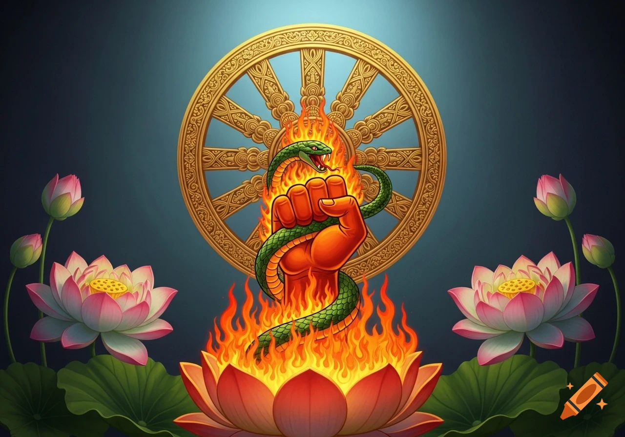 A red fist crushing a green snake, enveloped in flames, rises from a lotus flower before a golden Dharma wheel, flanked by pink lotus blooms.