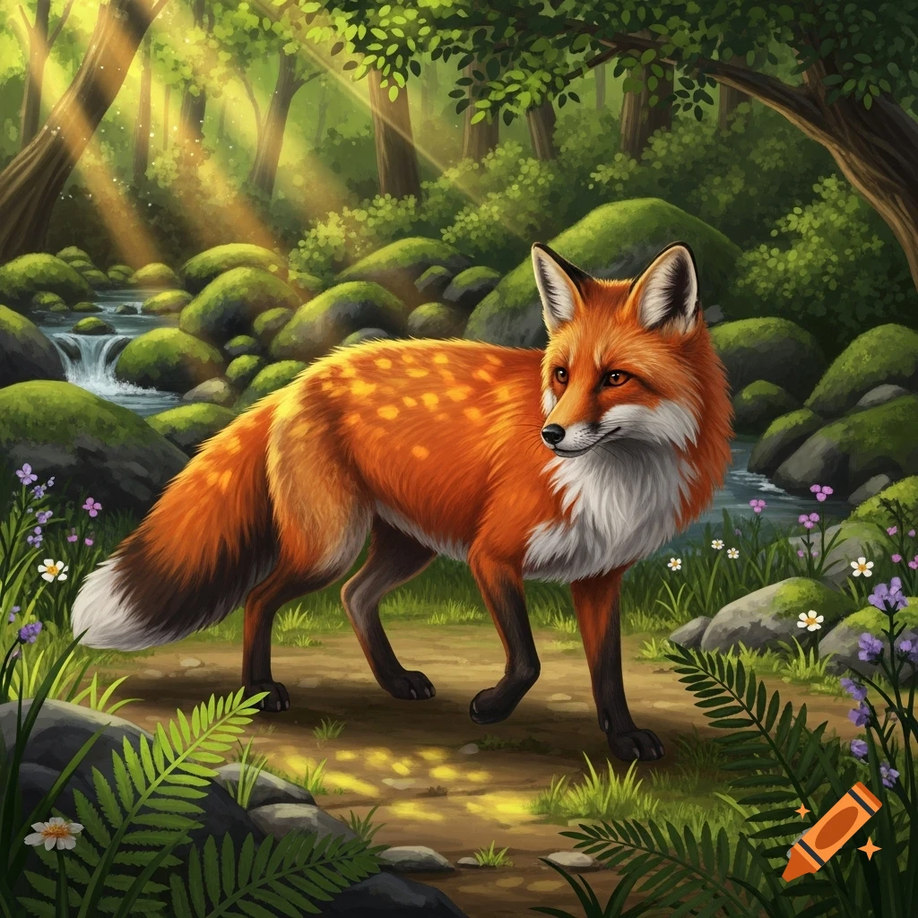 A vibrant red fox with white markings stands in a sunlit, lush green forest with a stream, mossy rocks, and wildflowers.