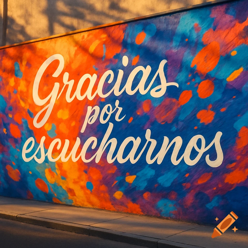 Vibrant street art mural with orange and blue paint splatters on a wall, featuring white cursive text "Gracias por escucharnos".
