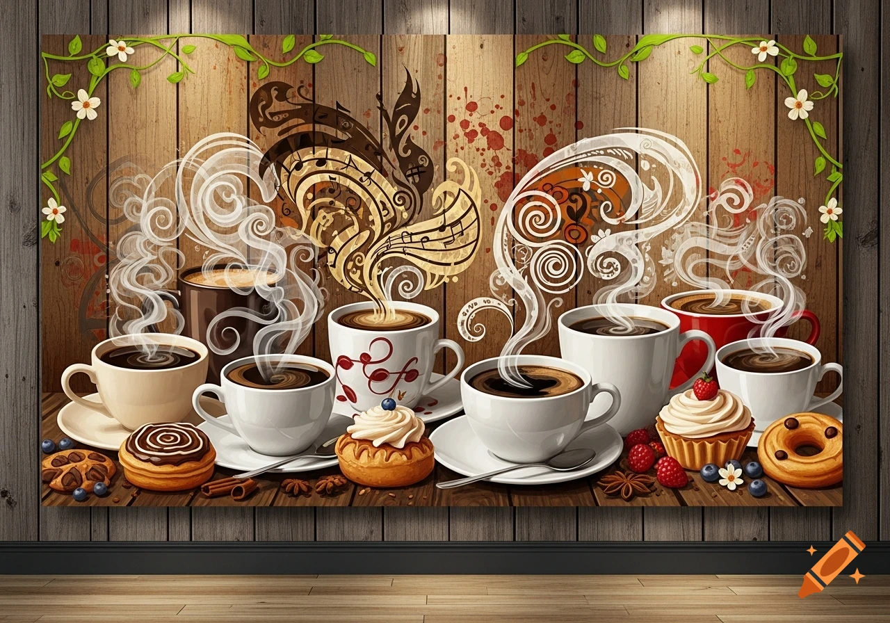 Still life painting of various steaming coffee cups, pastries, and spices on a rustic wooden background with decorative swirls and floral vines.