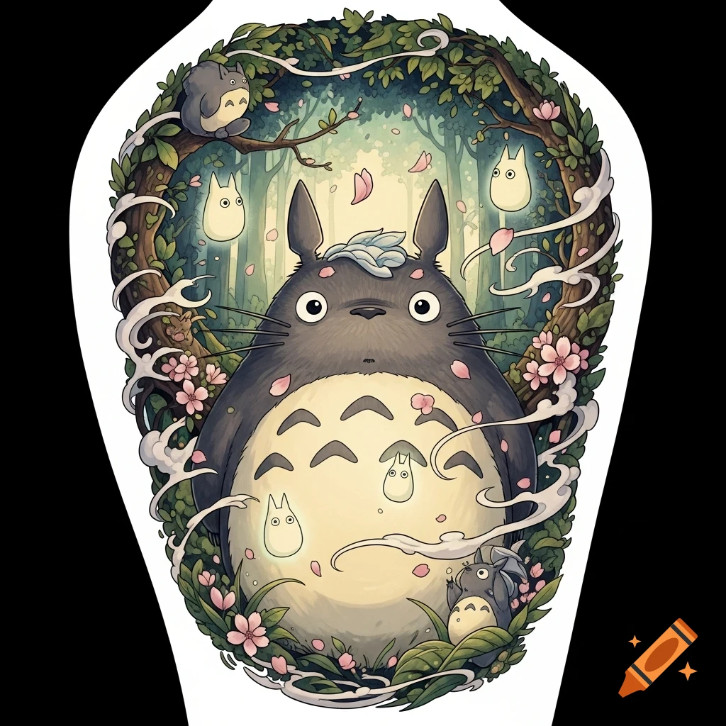 Large gray Totoro surrounded by forest foliage, pink flowers, and small white spirits, in a vibrant cartoon style.