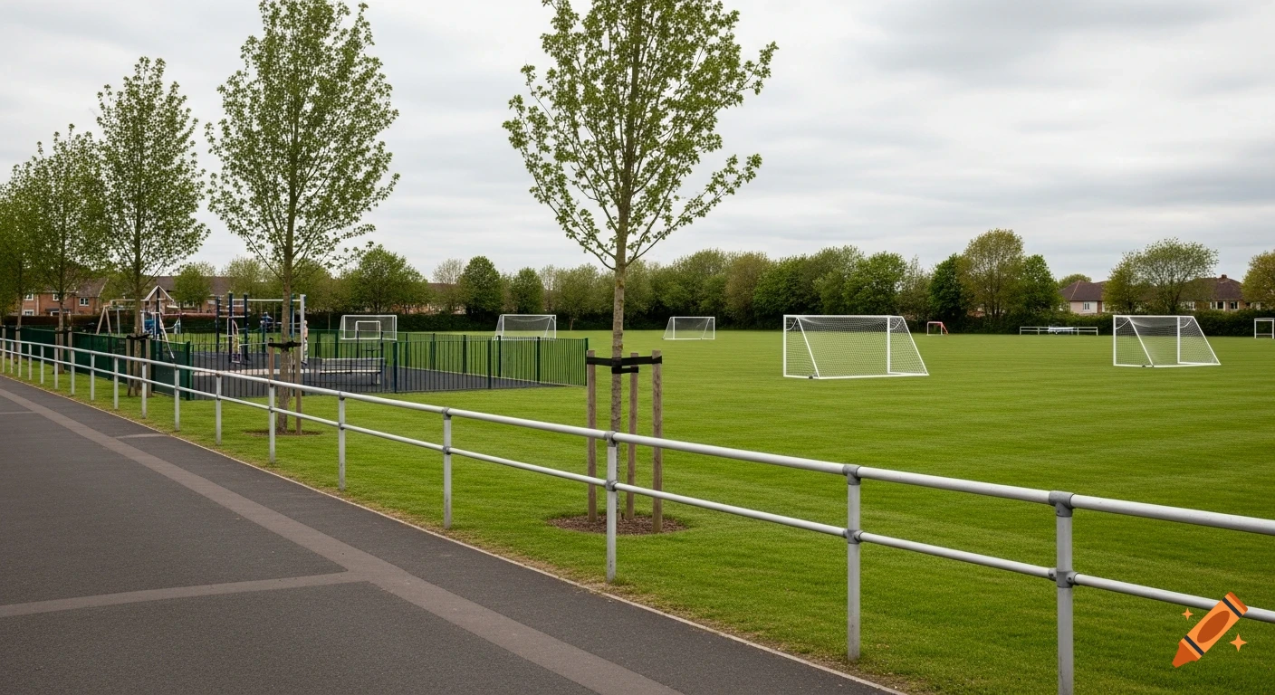 A photorealistic suburban park with a green sports field, football goals, a playground, paved path, and metal railing under an overcast sky.