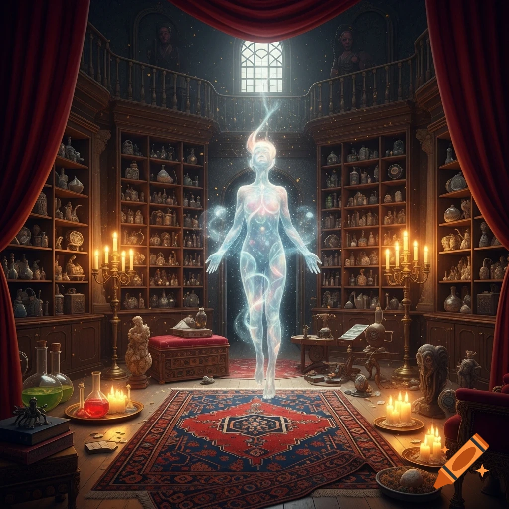 A glowing, translucent figure levitates in the center of a richly decorated Wunderkammer filled with shelves of curiosities, candles, and red drapes.