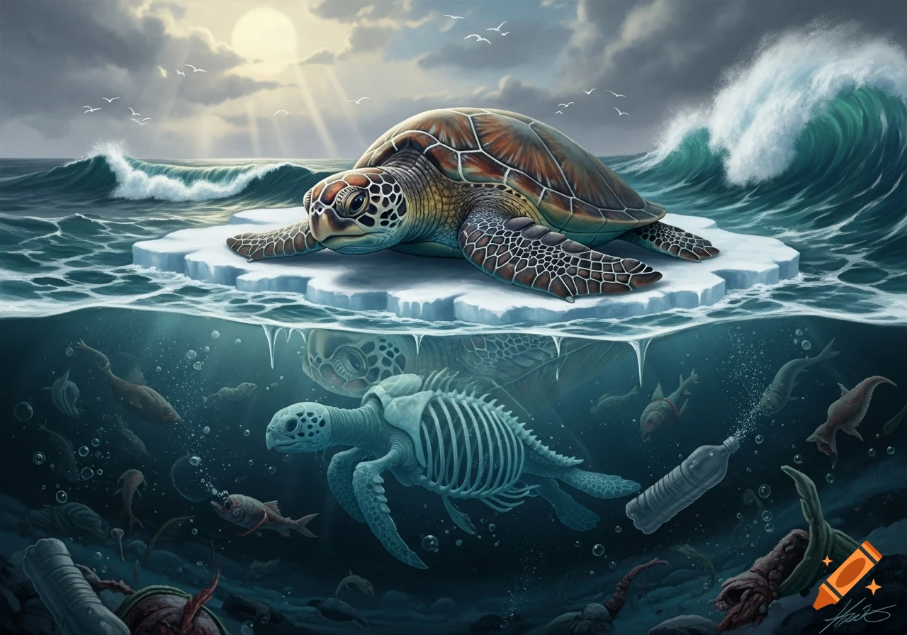 A sea turtle on ice looks into polluted ocean water filled with plastic, dead fish, and a skeletal version of itself.