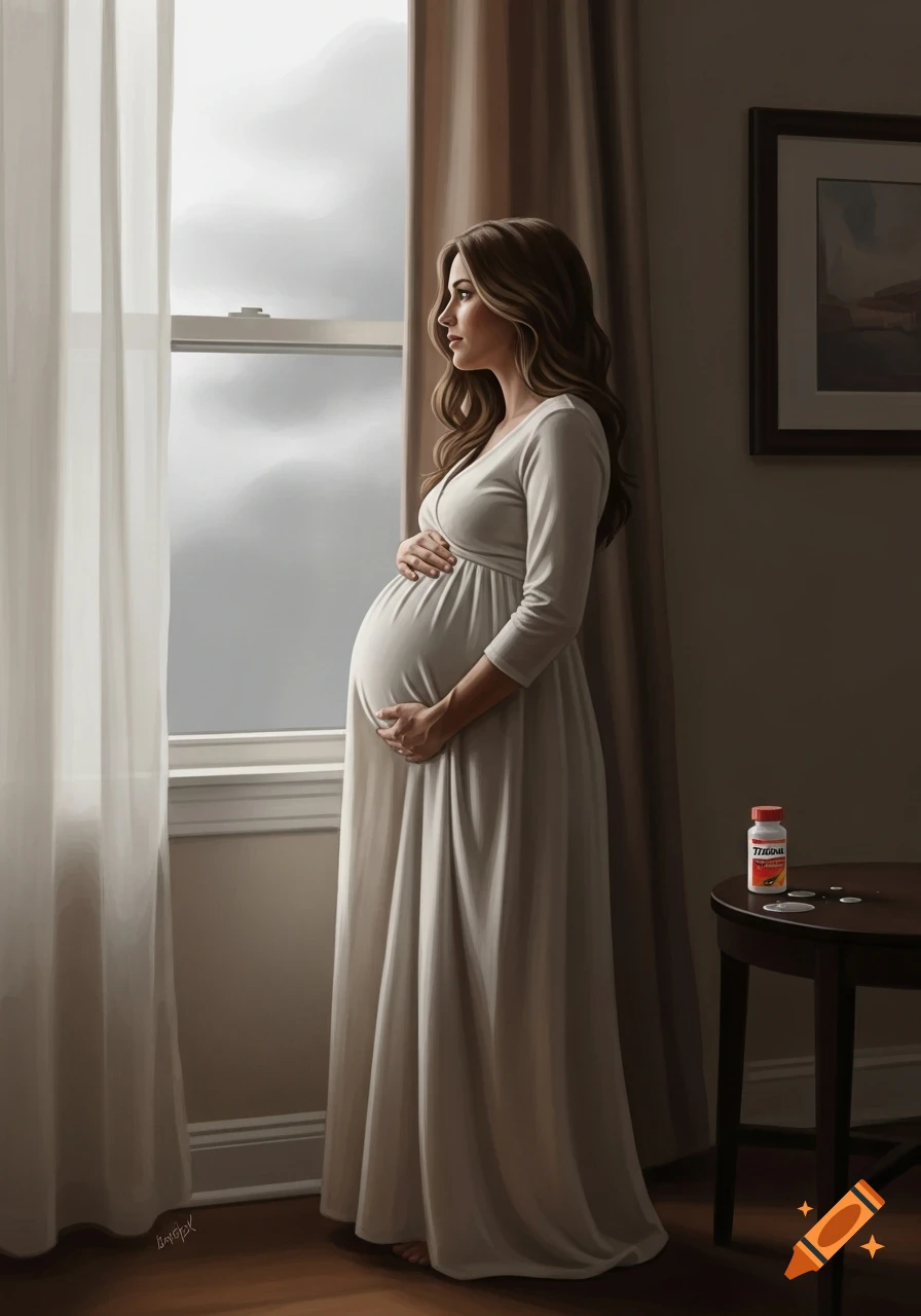 Photorealistic painting of a pregnant woman in a white dress, standing by a window, gently holding her belly, with a pill bottle on a nearby table.