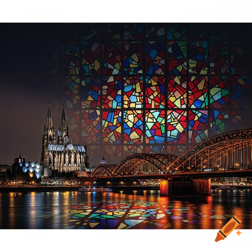 Cologne Cathedral and Hohenzollern Bridge at night, overlaid with a colorful stained glass pattern reflecting in the river.