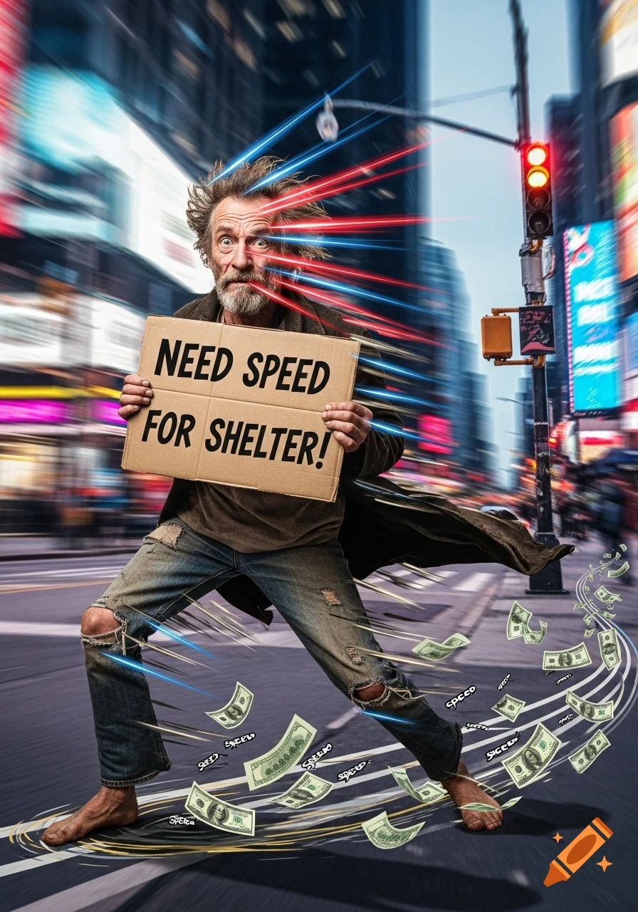 A disheveled man runs through a blurry city street, holding a sign that reads 'NEED SPEED FOR SHELTER!', with money and speed lines swirling around him.