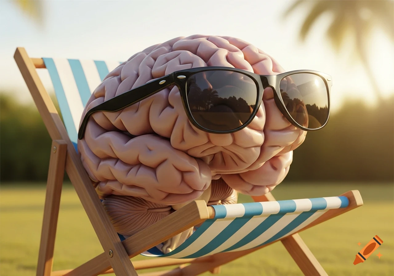 A photorealistic human brain wearing sunglasses sits in a blue and white striped deck chair in a sunny outdoor setting.
