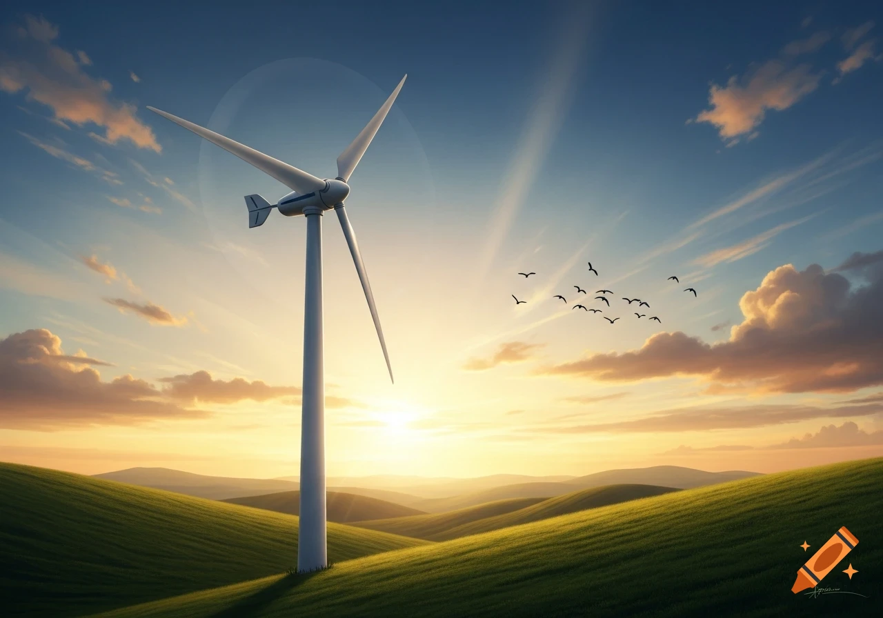 A tall wind turbine stands on a green rolling hill during a beautiful sunset with birds flying in the sky.