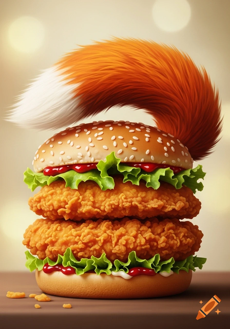 Photorealistic close-up of a double chicken burger topped with lettuce, ketchup, and a fluffy orange and white fox tail on a sesame seed bun.