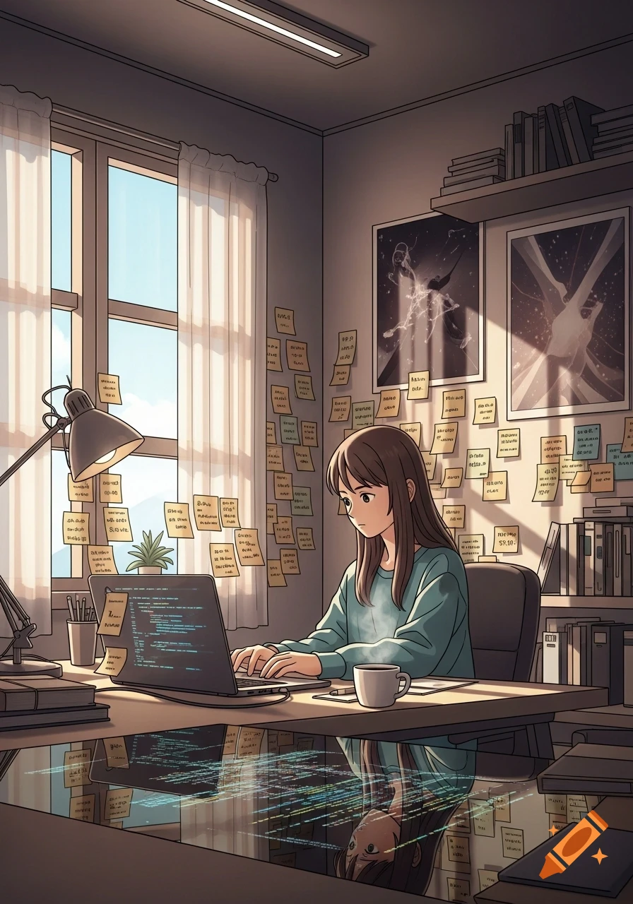 An anime-style illustration of a young woman with brown hair typing on a laptop in a cozy, sunlit room, surrounded by sticky notes.