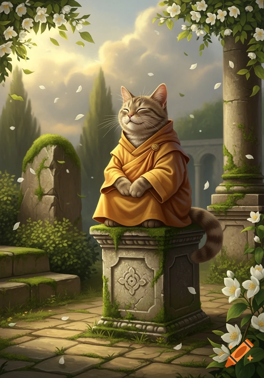 A serene cat in a monk's robe sits on a mossy pedestal in a garden with white flowers and ancient ruins under a golden sky.