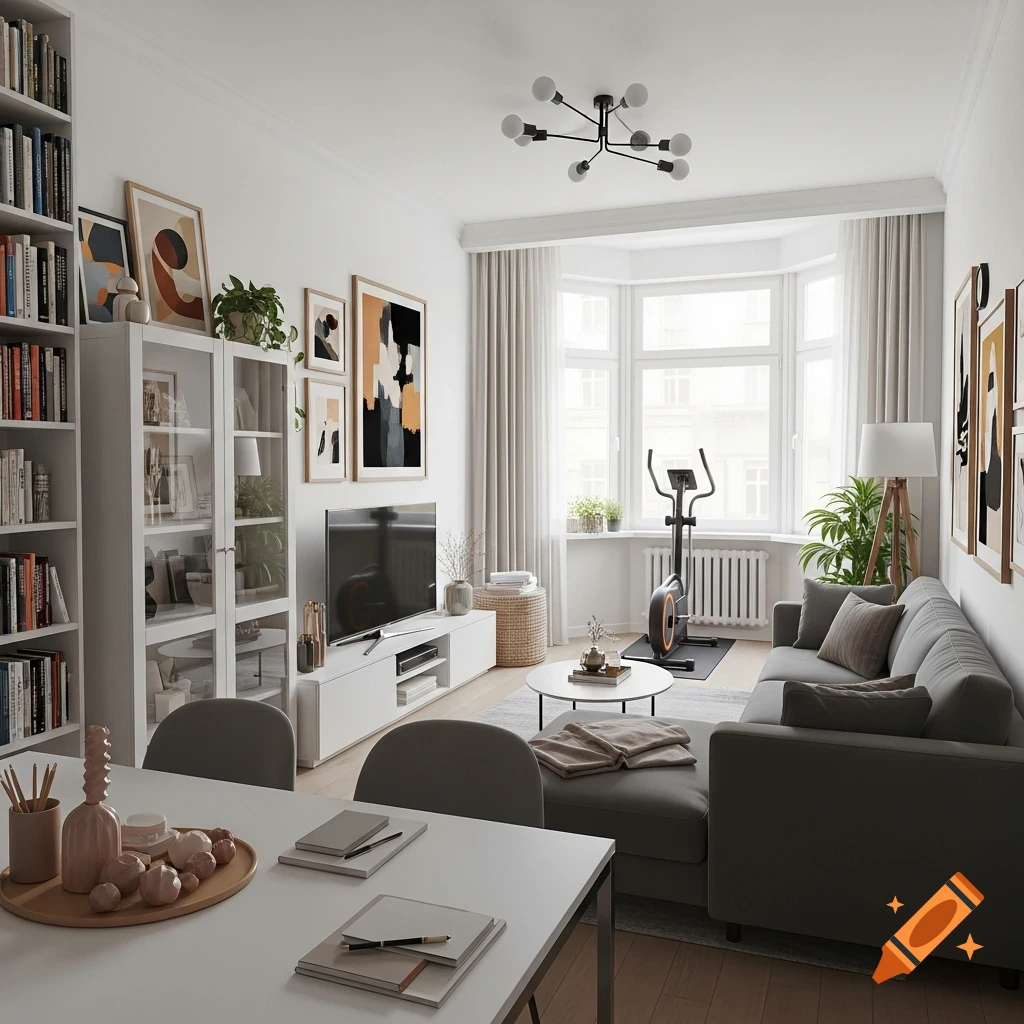 A photorealistic image of a modern living room with a gray sectional couch, TV, bookshelf, abstract art, dining table, and an exercise bike by a bay window.