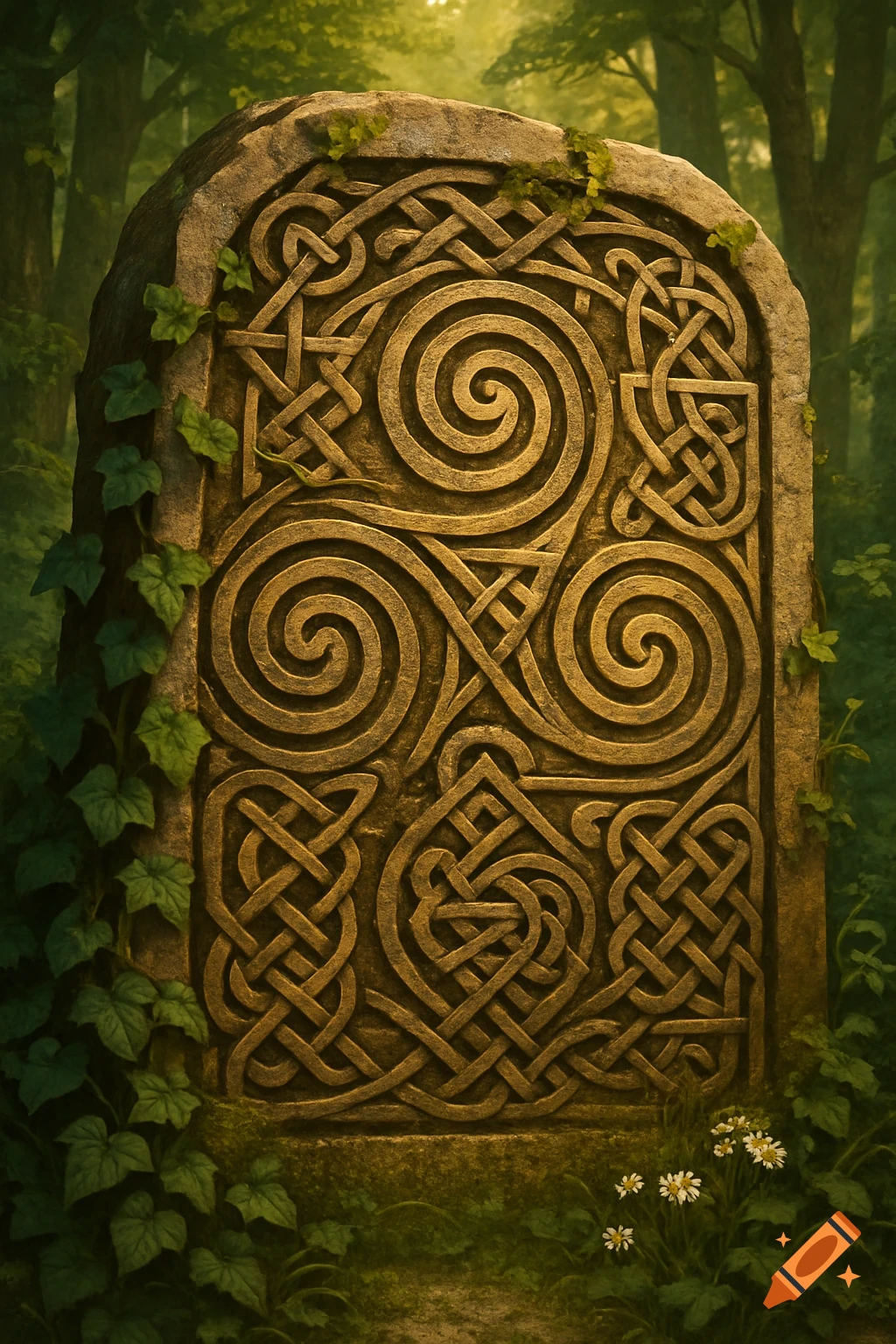 An ancient stone monument intricately carved with Celtic knot and spiral patterns, covered in ivy, stands in a mystical, sunlit forest.