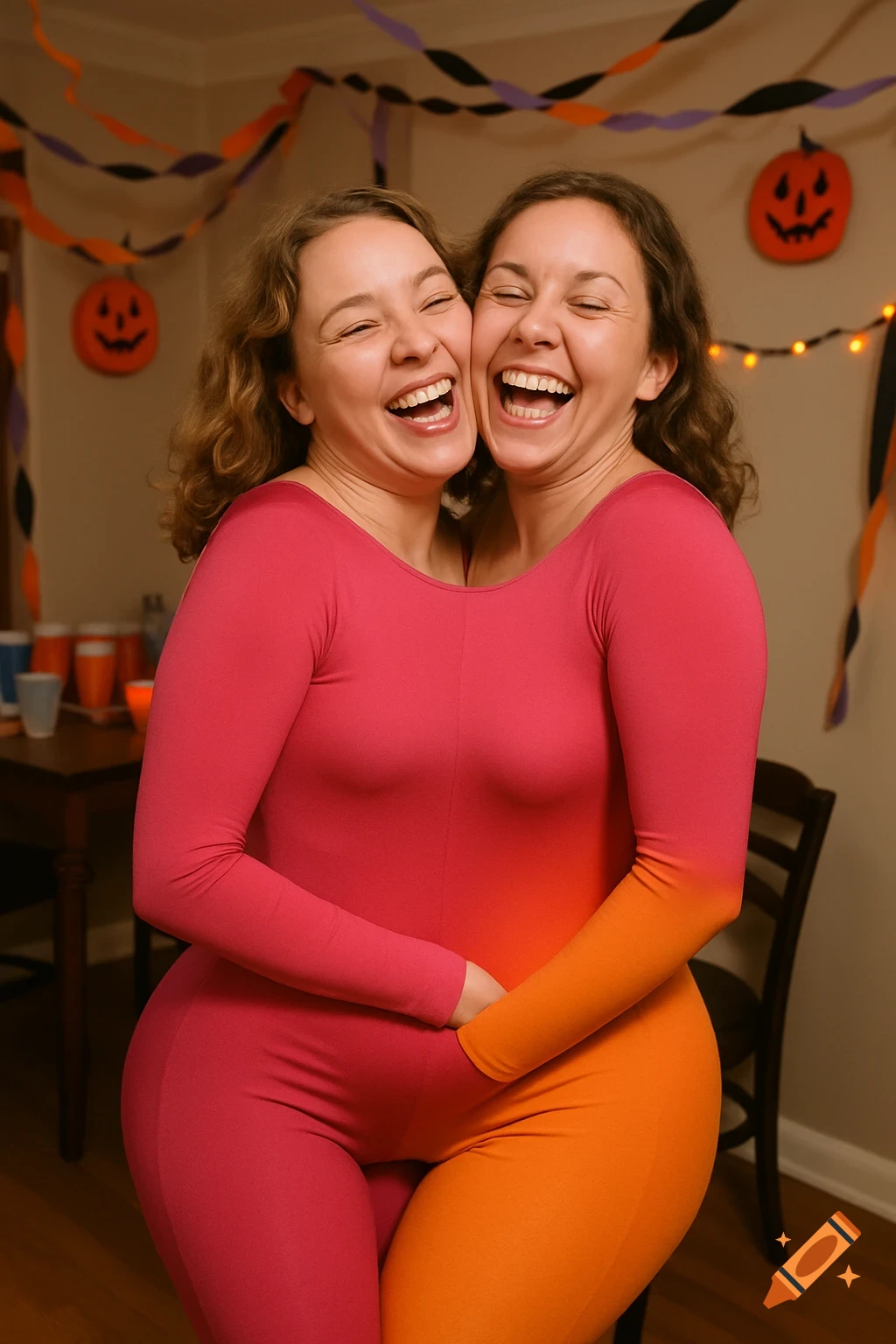Two women in a pink and orange two-headed costume laugh and hug at a Halloween party with festive decorations.