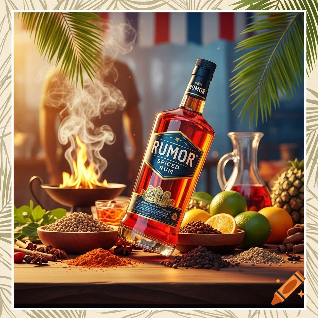 A bottle of Rumor Spiced Rum is on a wooden table surrounded by spices, citrus fruits, and a pineapple, with a person grilling in the background.