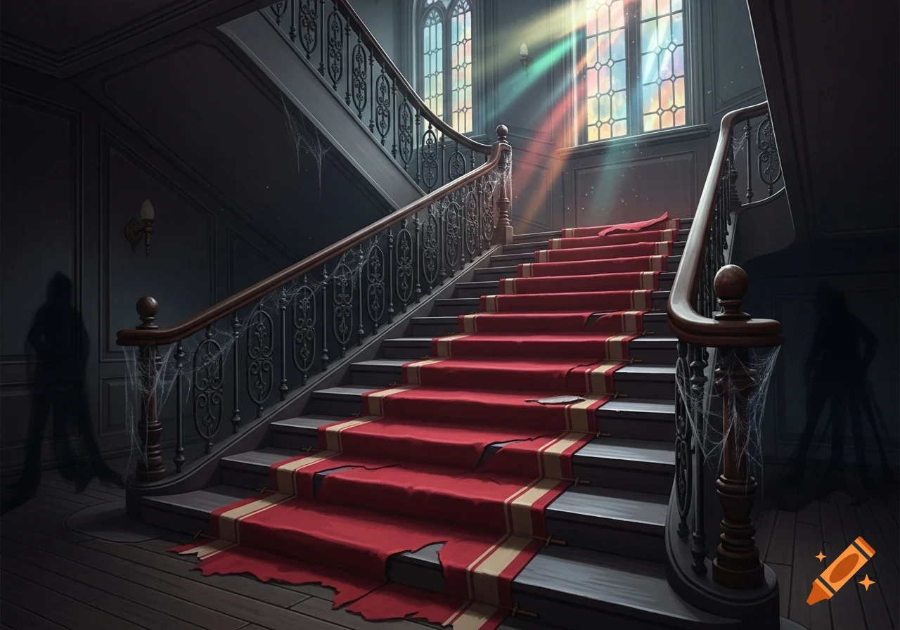 Spooky gothic staircase with tattered red carpet, cobwebs, ornate railings, and shadowy figures, lit by stained glass windows.
