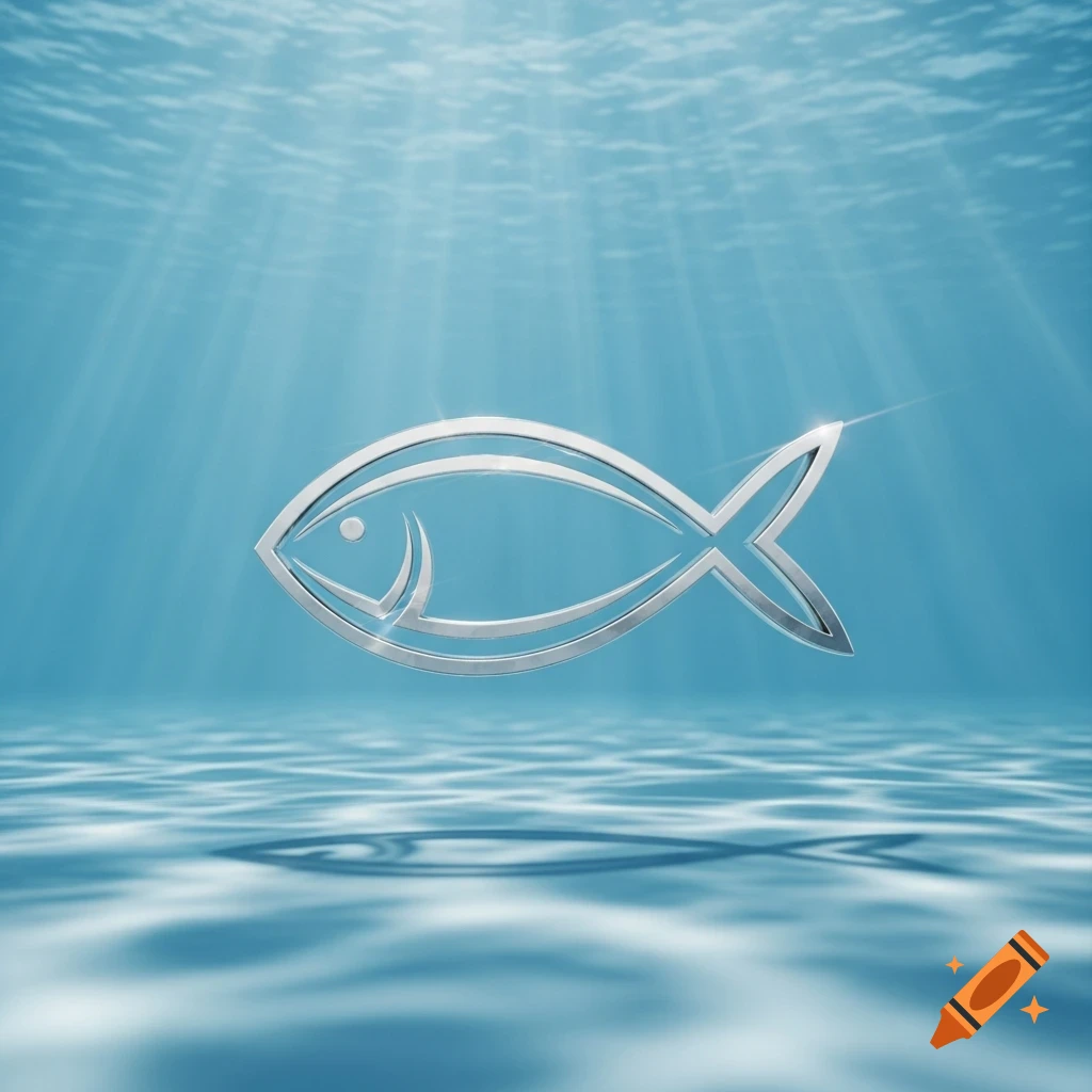 A shiny metallic fish symbol in a vibrant blue underwater scene with sun rays filtering through.