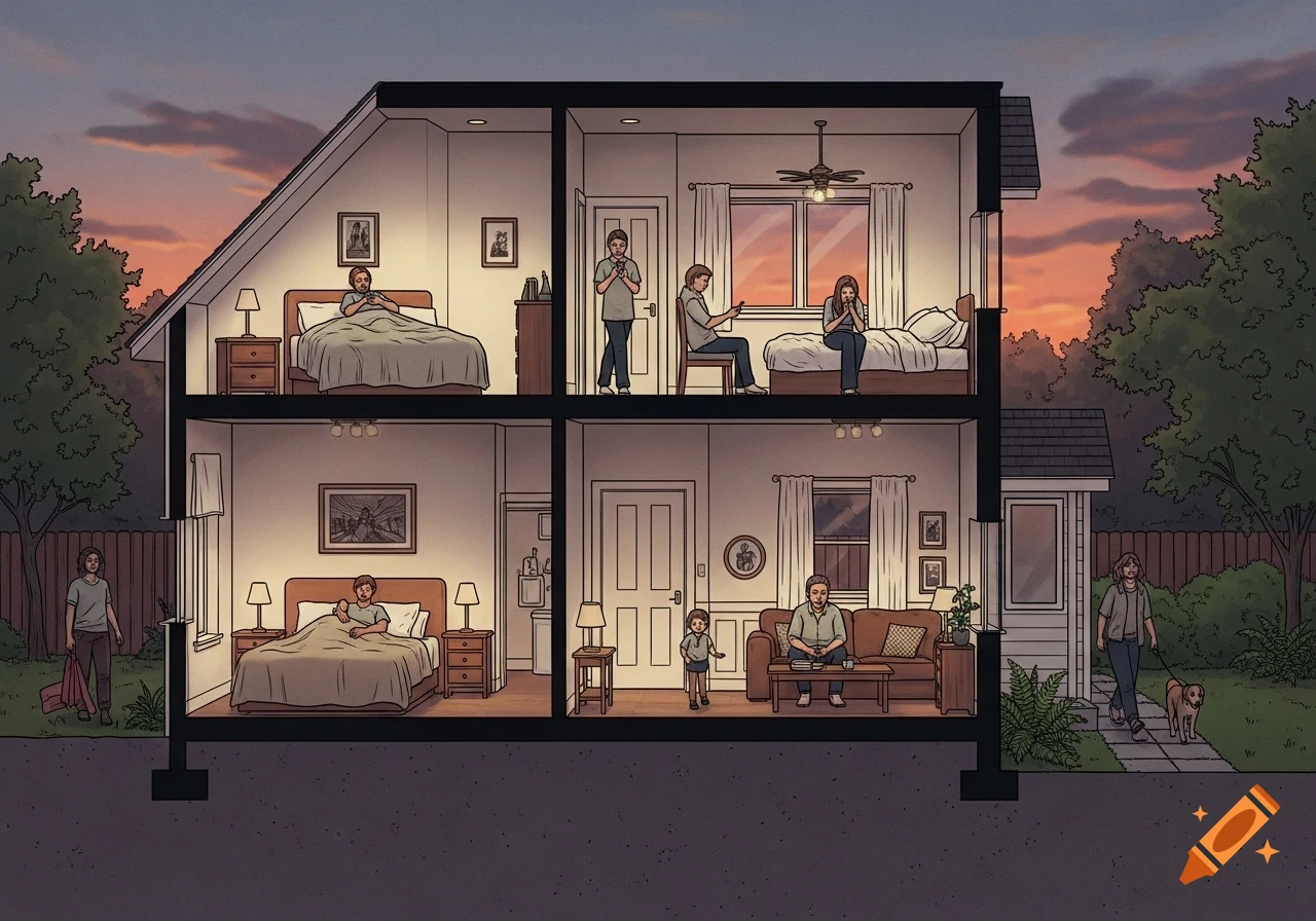 Illustration of a cutaway house showing a sad family inside and outside. People are in various rooms, some on phones, one sleeping, one on a couch, and one walking a dog.