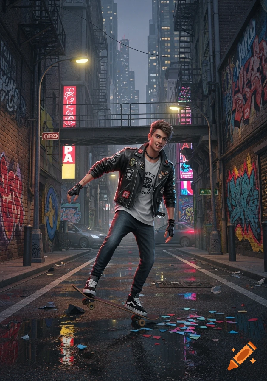 A young man in a leather jacket and jeans balances on a skateboard in a wet, graffiti-covered city alley at dusk, with neon signs.