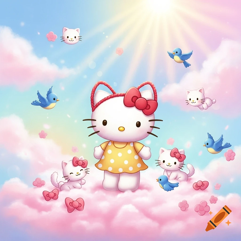Hello Kitty in a yellow polka dot dress stands on pink clouds with small cats and blue birds under a sunny blue sky.