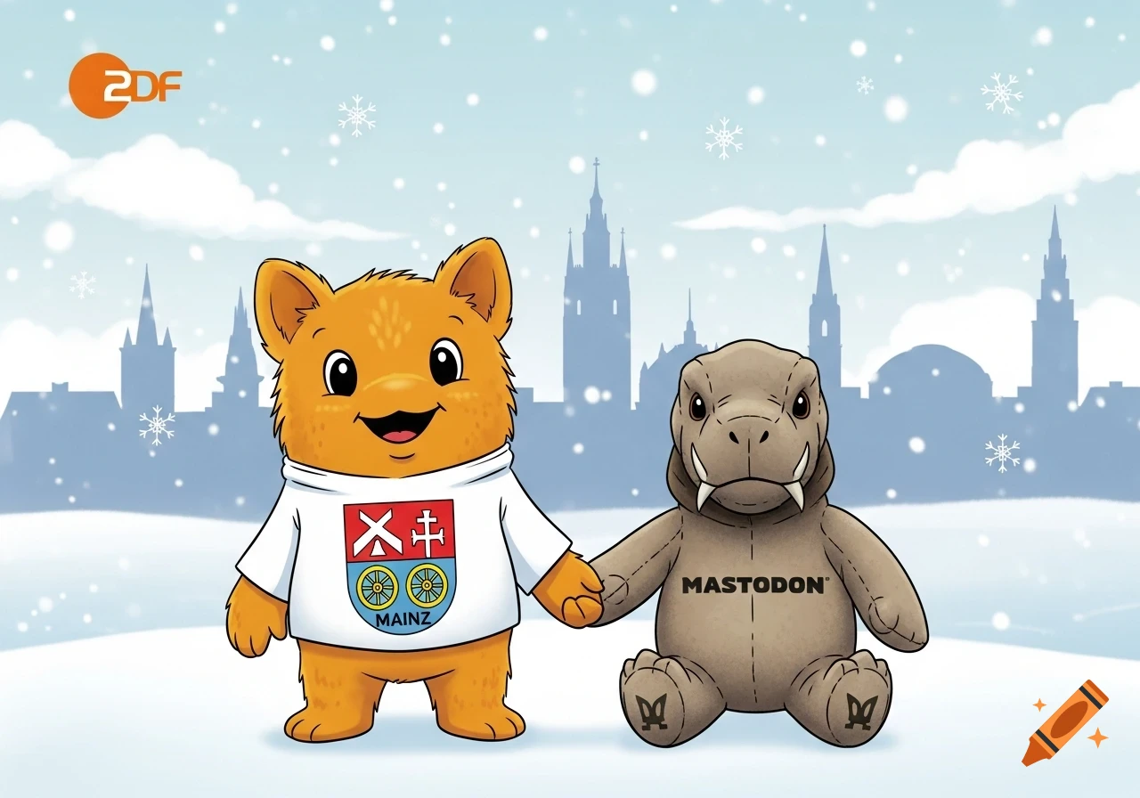 An orange cartoon mascot wearing a Mainz coat of arms shirt holds hands with a brown Mastodon plushie in a snowy landscape with city silhouettes.