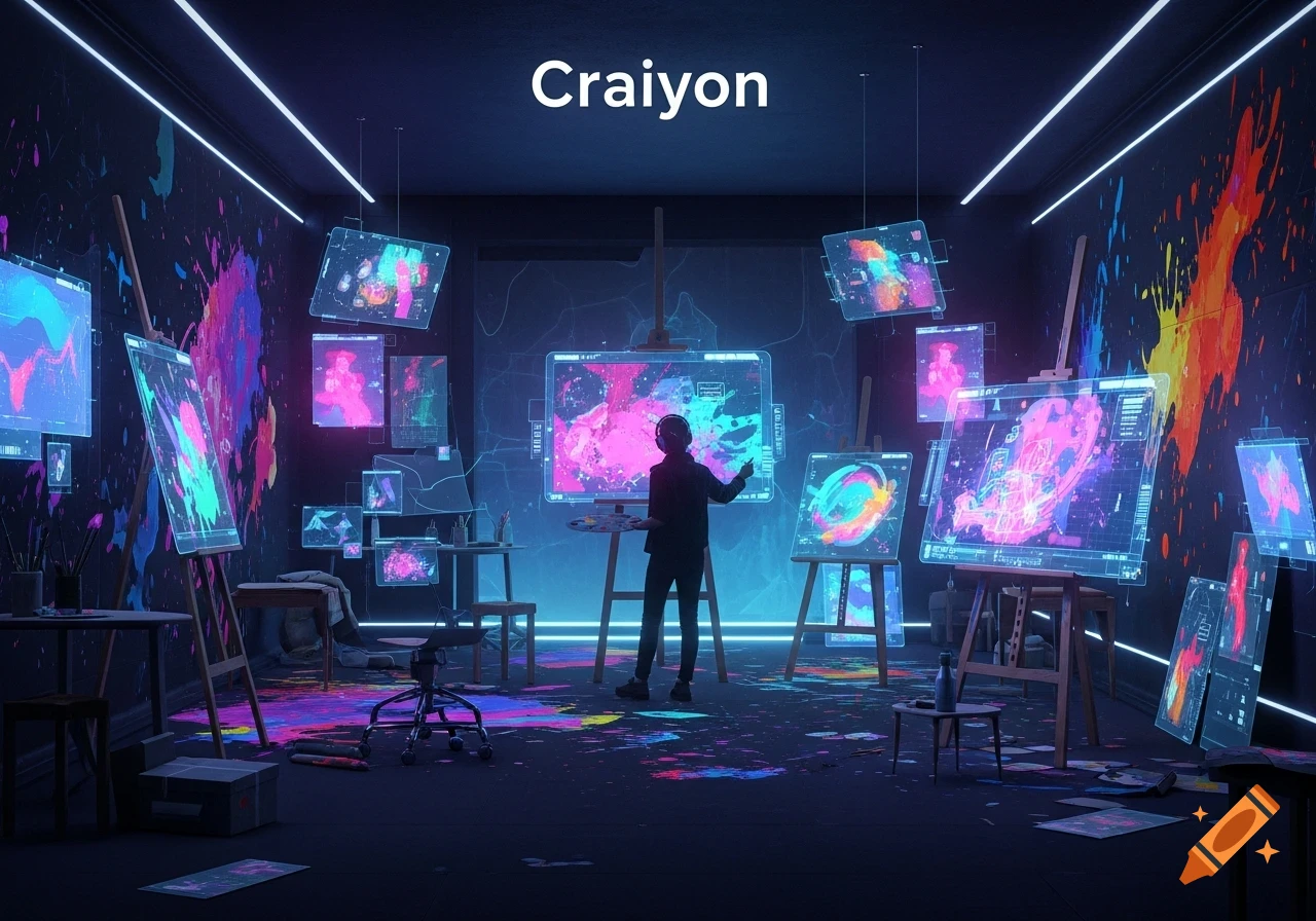 Person in a dark, neon-lit art studio surrounded by glowing digital canvases with abstract art. The word 'Craiyon' is above.