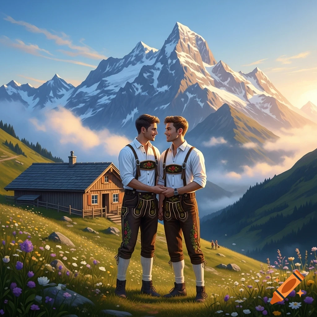 Two young men in traditional Bavarian lederhosen holding hands, standing in a flowery mountain meadow with a cabin and snowy peaks in the background.
