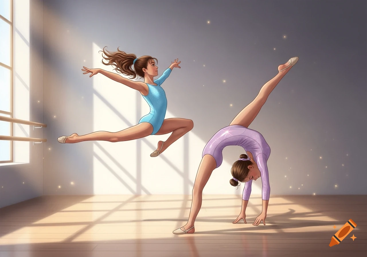 An illustration of two young gymnasts in a studio, one leaping in a blue leotard and the other in a purple leotard doing a backbend.