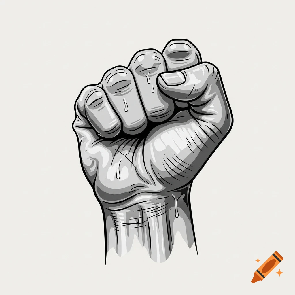 Stylized monochrome illustration of a clenched fist with sweat drops.