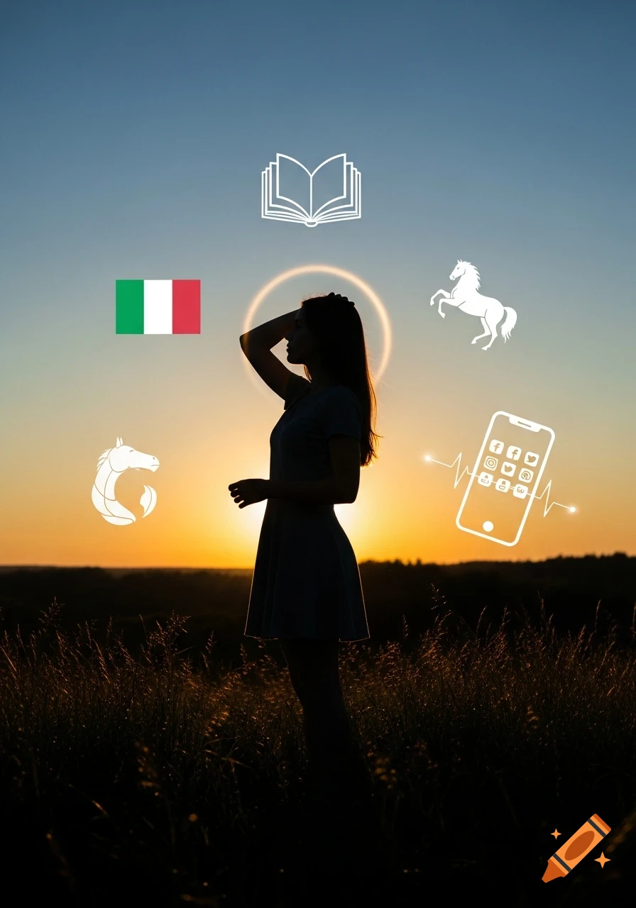 Silhouette of a teen girl in a field at sunset, surrounded by floating symbols of a book, Italian flag, horses, and a smartphone with social media icons.