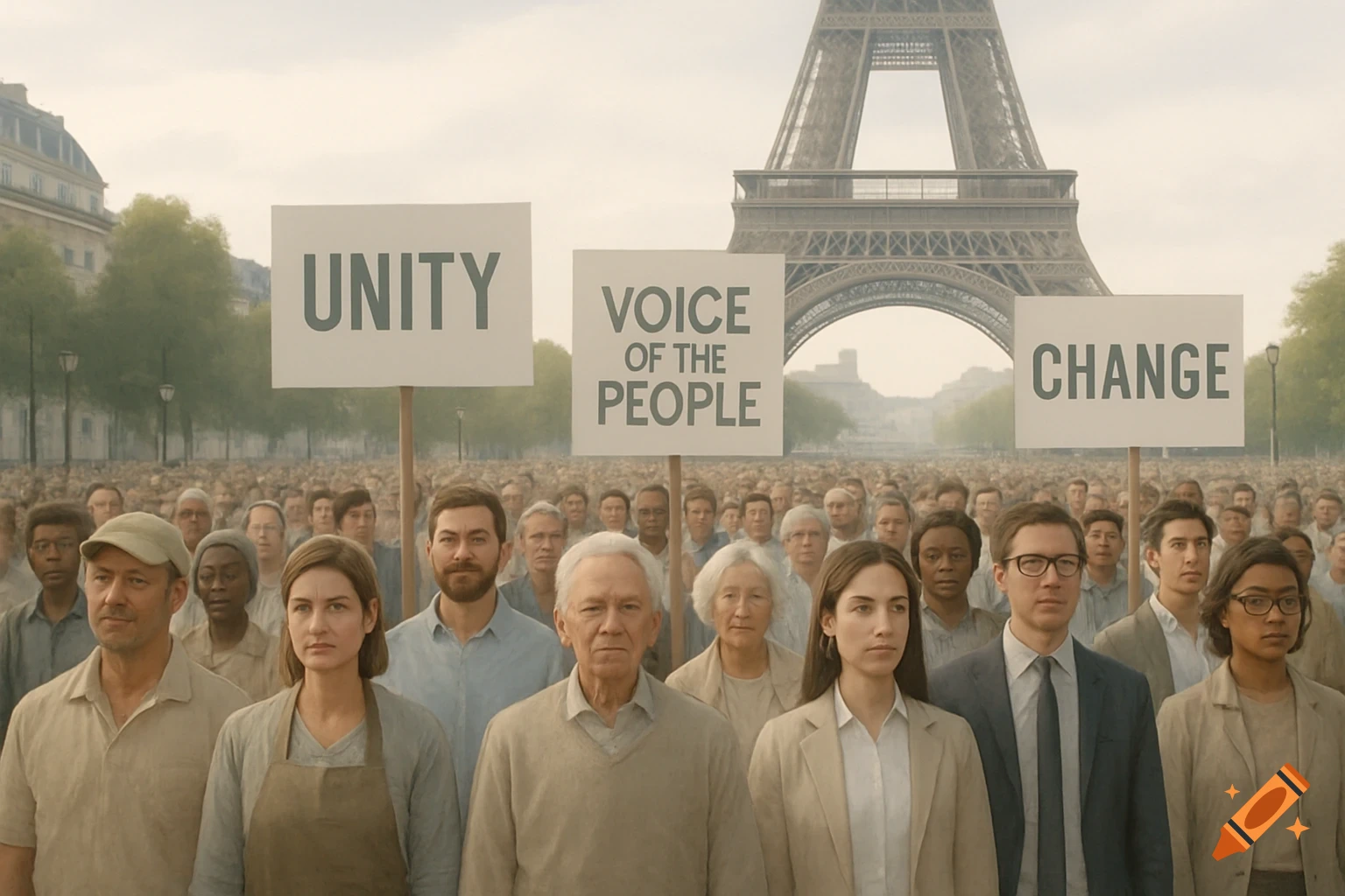 A diverse crowd holds signs saying 'UNITY', 'VOICE OF THE PEOPLE', and 'CHANGE' in front of the Eiffel Tower in Paris.