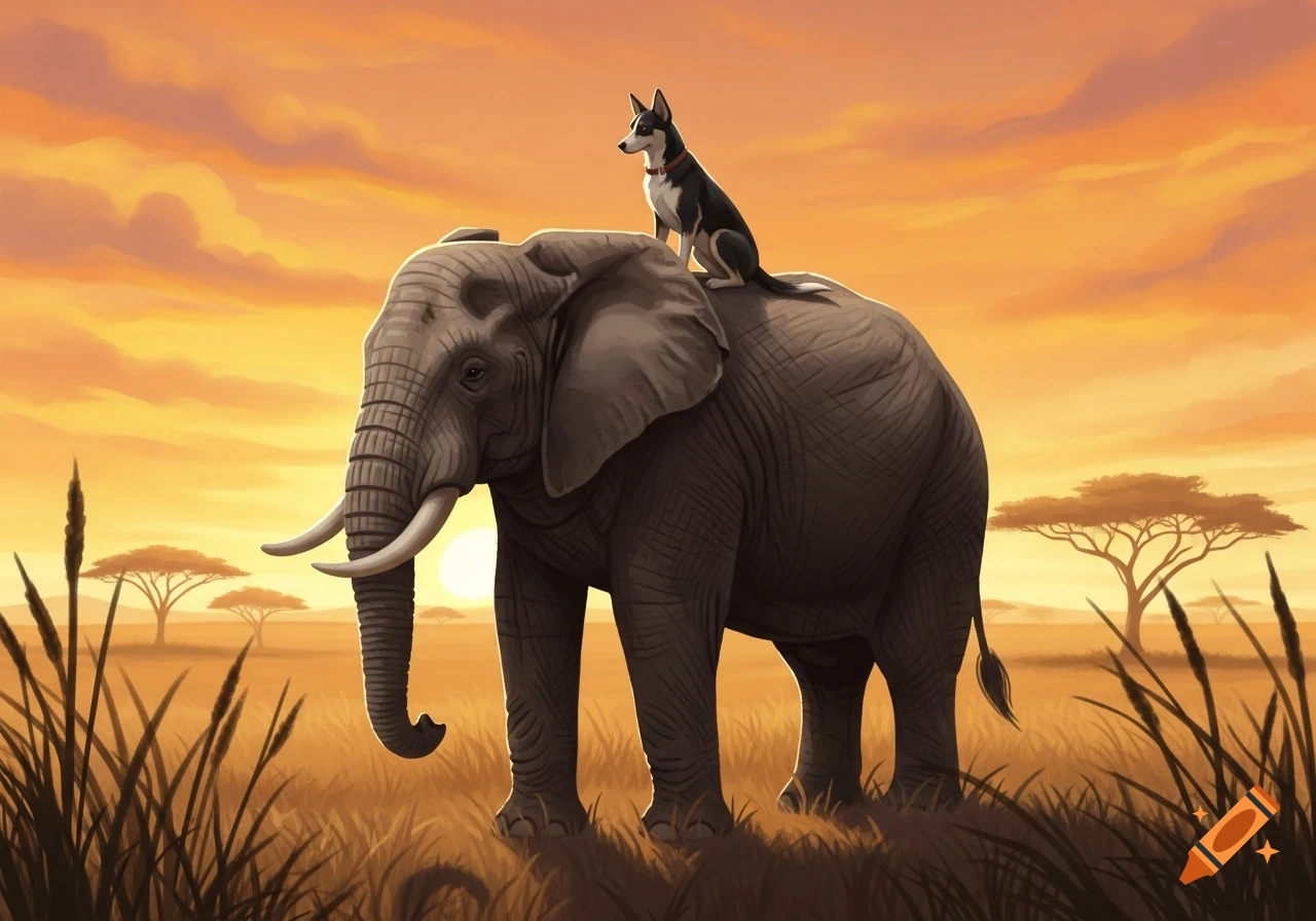 A stylized image of a black and white dog sitting on the back of a large elephant in a savanna at sunset.