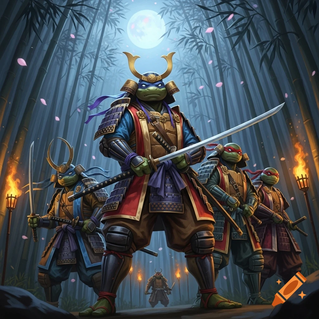 Four Teenage Mutant Ninja Turtles, dressed as samurai, stand in a bamboo forest under a full moon with falling pink petals and torches.