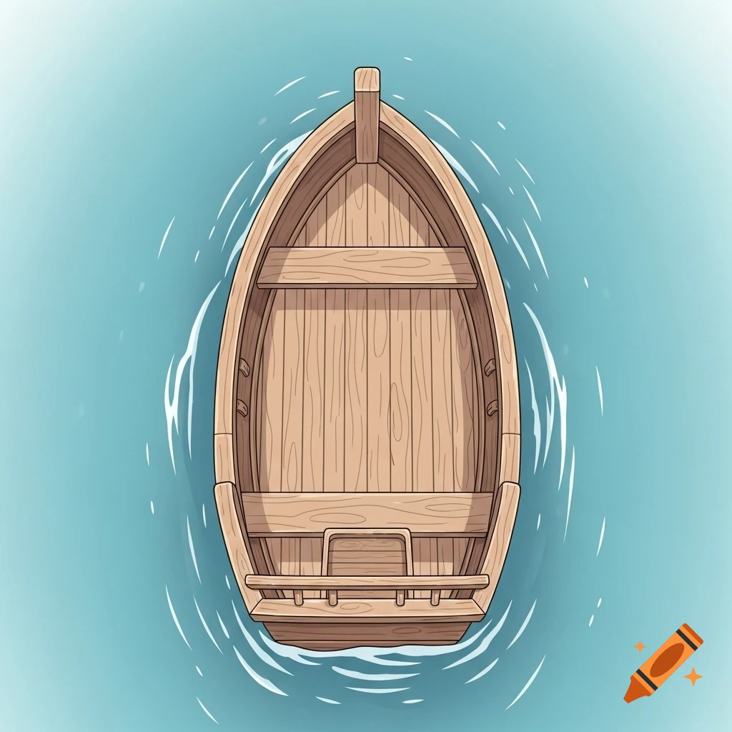 Flat top-down Ghibli-inspired 2D illustration of a chunky wooden boat with visible plank texture floating on blue water.
