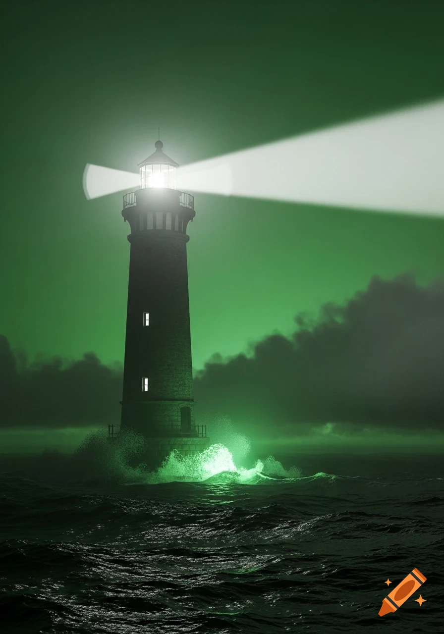 A stylized lighthouse with a bright rotating beam illuminates a stormy green ocean under a vibrant green sky.