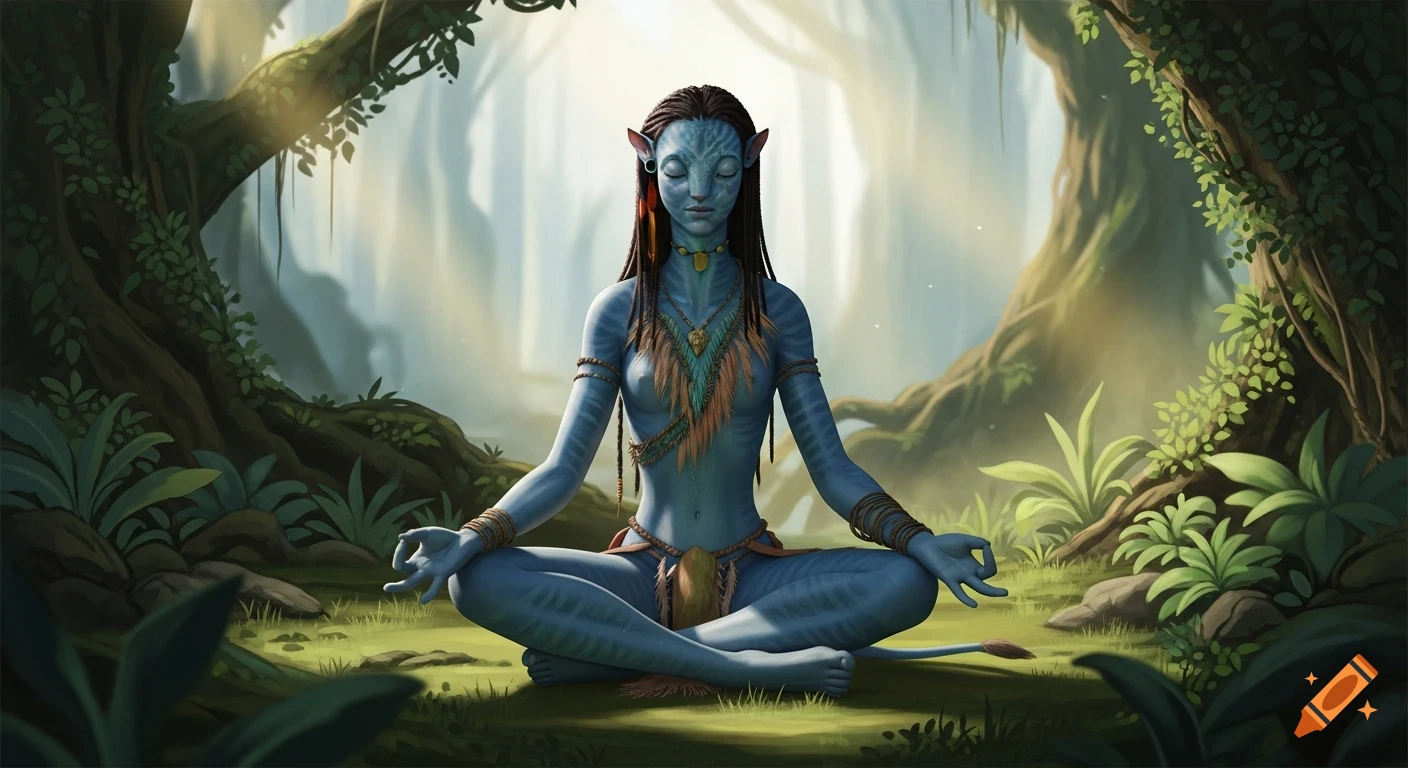 Blue-skinned Kiri from Avatar meditates cross-legged in a lush, sun-dappled forest, wearing tribal attire.