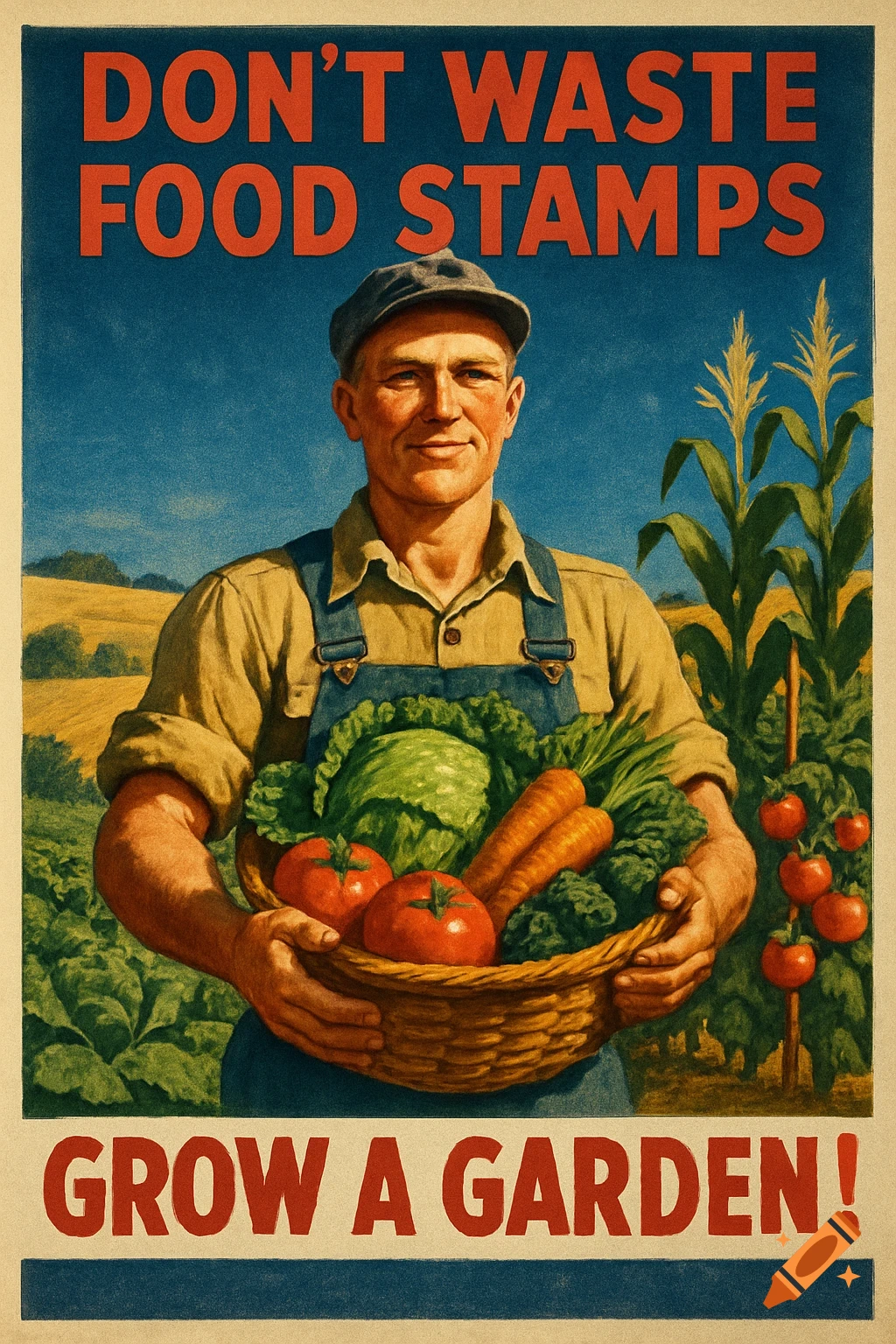 Vintage propaganda poster of a smiling farmer holding vegetables, text 'DON'T WASTE FOOD STAMPS GROW A GARDEN!'