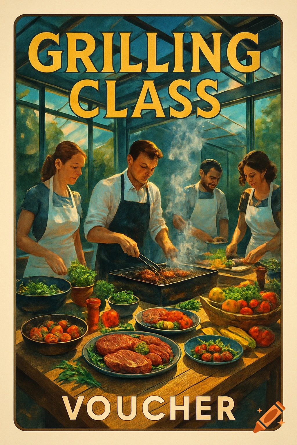 A retro-style poster shows four people in aprons grilling and preparing food on a long table in a glass room, with text "GRILLING CLASS" and "VOUCHER".