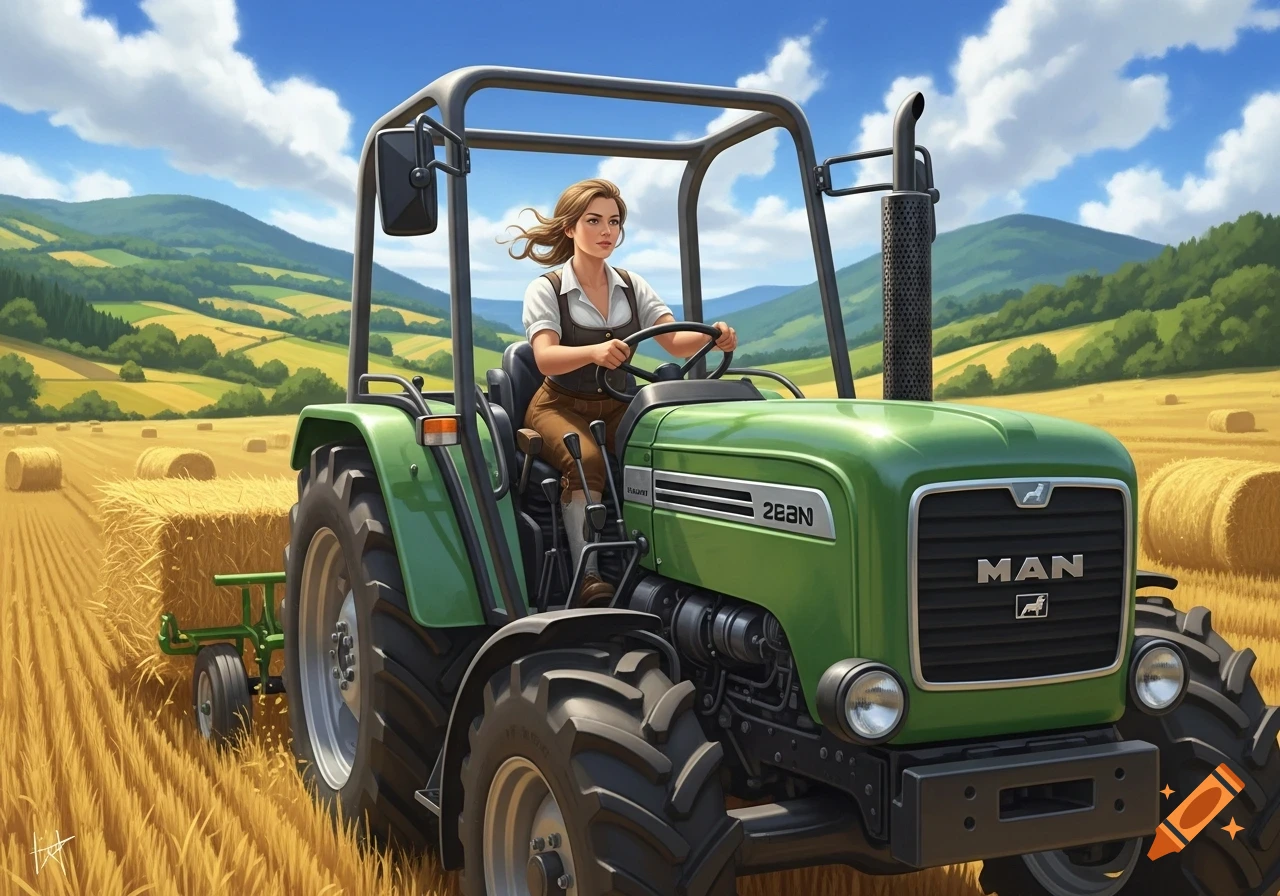 A young woman drives a green MAN tractor through a golden hay field under a blue sky.