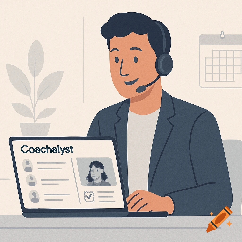Illustrated man with a headset working on a laptop displaying the 'Coachalyst' interface in a clean workspace.