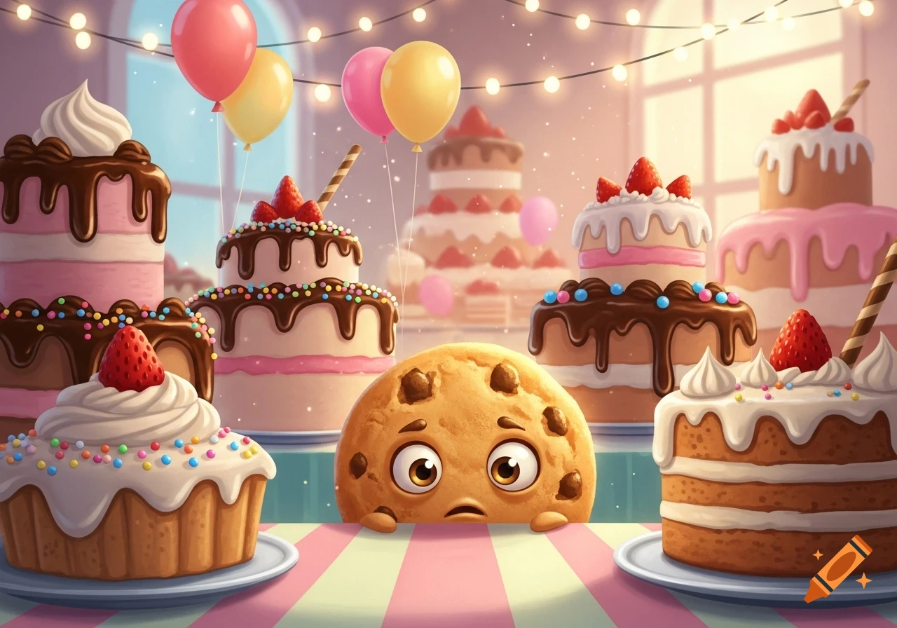 A worried cartoon cookie peeks over a striped table, surrounded by colorful cakes, cupcakes, balloons, and party lights.