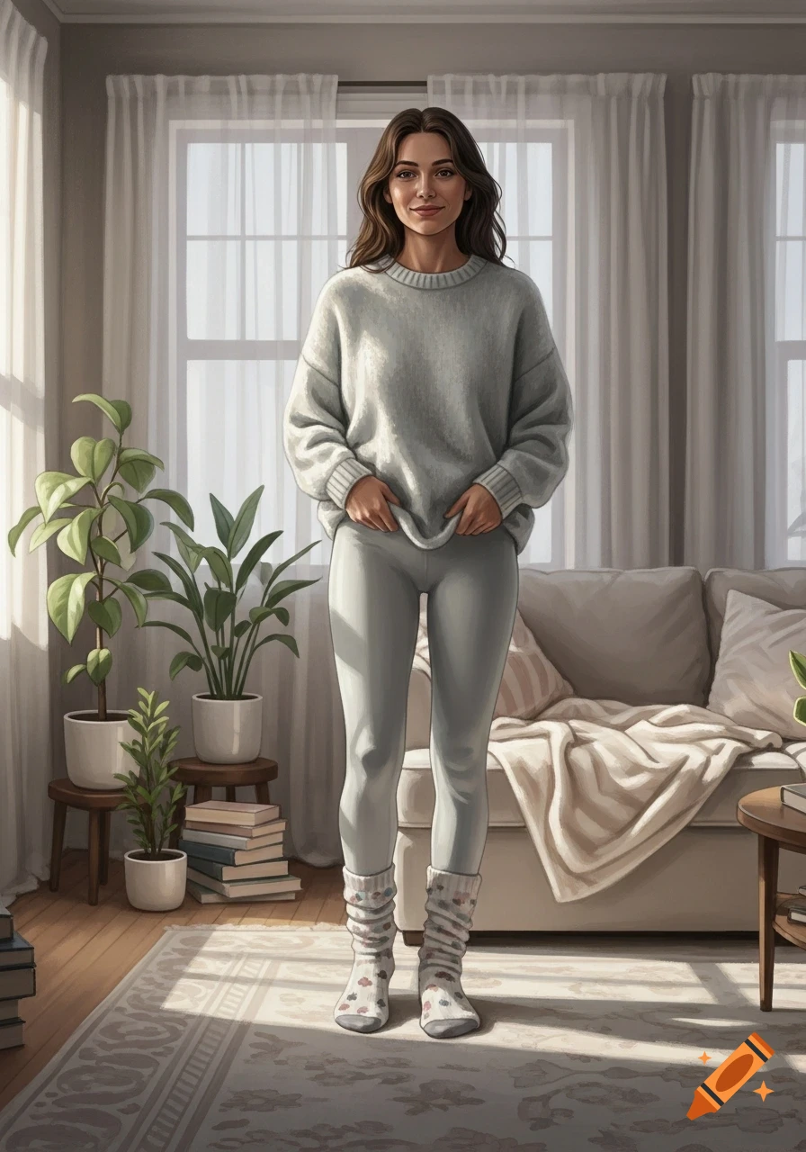 A smiling woman with long brown hair stands in a bright living room, wearing a light gray oversized sweater, leggings, and patterned cozy socks.