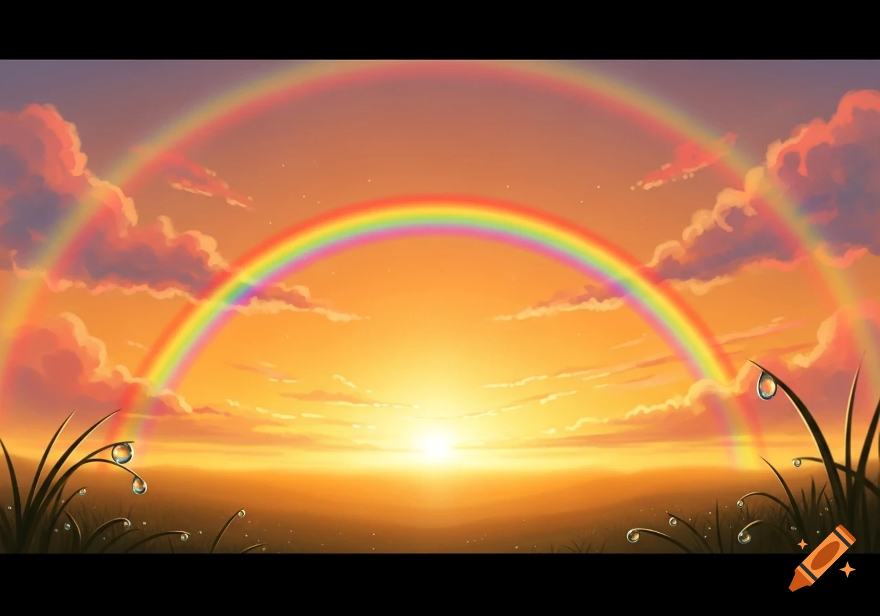 A vibrant cartoon-style sunset with an orange-yellow sky, a double rainbow, and dewy grass in the foreground.