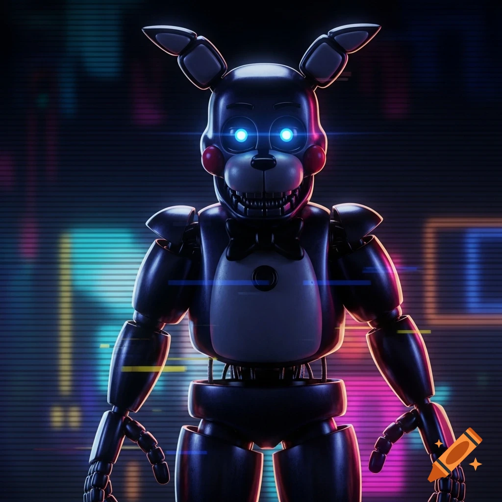 A black and white animatronic rabbit-like robot with glowing blue eyes, sharp teeth, and a bow tie stands against a dark background with neon lights and glitch effects.
