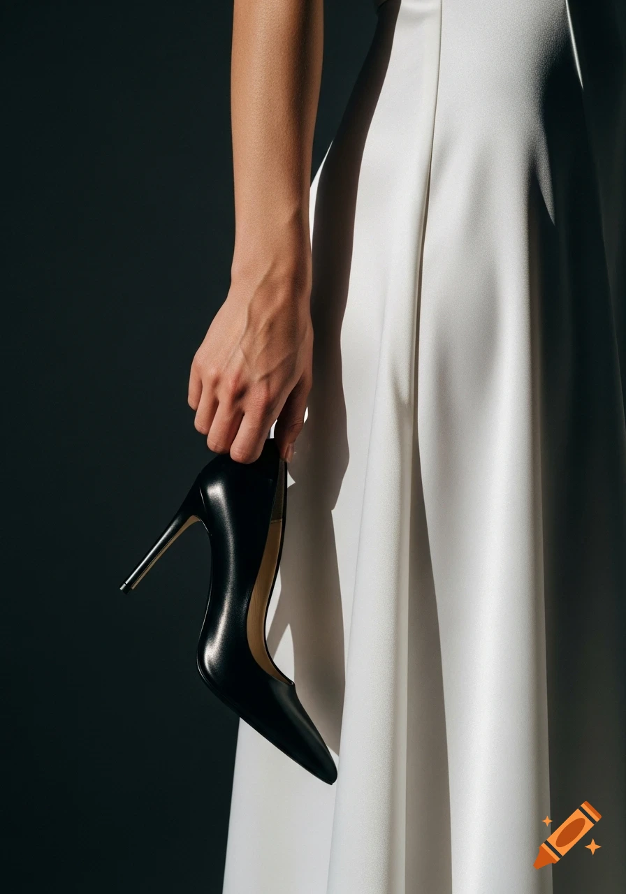 Close-up of a hand elegantly holding a black stiletto heel against a white dress, dramatic lighting, photorealistic.
